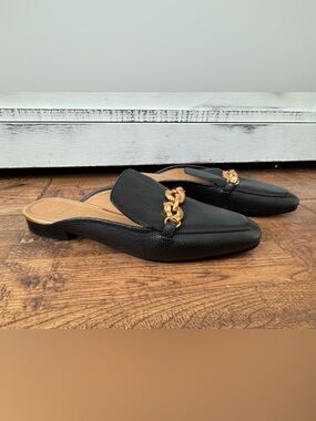 Tory Burch Jessa Horesbit Mule Slides Black Gold Leather Women's Size 9